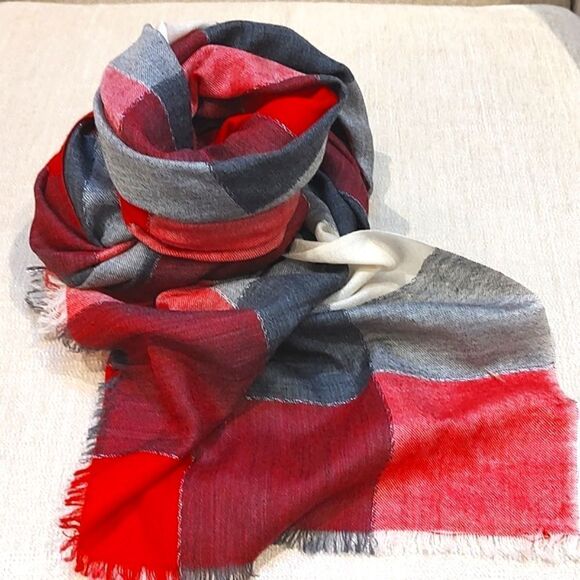 Talbot's Wool Metallic Red, Gray, & White Buffalo Check Scarf Wrap - Picture 1 of 8